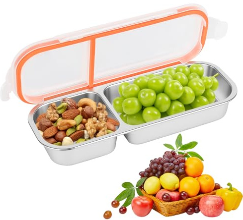 Junrvivy 2 Fächer Snackbox Edelstahl 700ml, Snackteller mit fächern, Snackteller mit deckel, Kann verwendet werden, um Snacks, Obst und Süßigkeiten für Kinder aufzubewahren