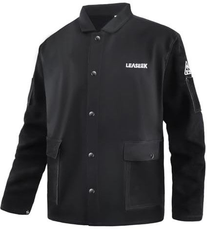 LeaSeek Chaqueta de soldadura de algodón resistente al fuego (FR) con mangas de cuero, abrigo soldador de seguridad para el trabajo para hombres y mujeres