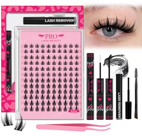 PROLASHBEAUTY Manga Cluster-Wimpern Kit mit Kleber, Entferner & Applikator für DIY Heim-Wimpernstyling (Anime,10-16mix)