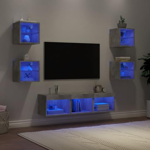 Qnhdfrt 7-teilige TV-Wohnwand mit RGB LED Beleuchtung Betongrau aus Holzwerkstoff und Glas Wandmontage für Wohnzimmer Stauraum Lösung