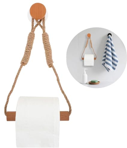 Porte Papier Toilette Mural, Support Papier Toilette, Porte-Papier Salle de Bain Toilette Corde en Bois Anneau De Serviette, Derouleur Papier Toilette Murale Corde pour Salle de Bain et Cuisine, 16 cm