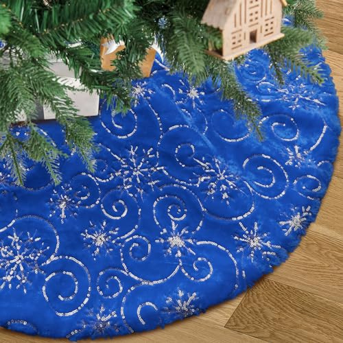 Deggodech 78cm Weihnachtsbaum Röcke Blau Weihnachtsbaum Rock Blau Plüsch Weihnachtsbaumdecke mit Silber Schneeflocke Fell Christbaumständer für Weihnachtsbaum Dekoration (Silber, 78CM/30Zoll)