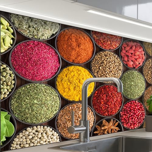 KitchenYeah© Küchenrückwand Selbstklebend Küchenspritzschutz Rückwand | 60x80 cm - Wandschutz Ohne Bohren Spritzschutz Wand Wandverkleidung Kräuter - Schalen - Bunt - Textur
