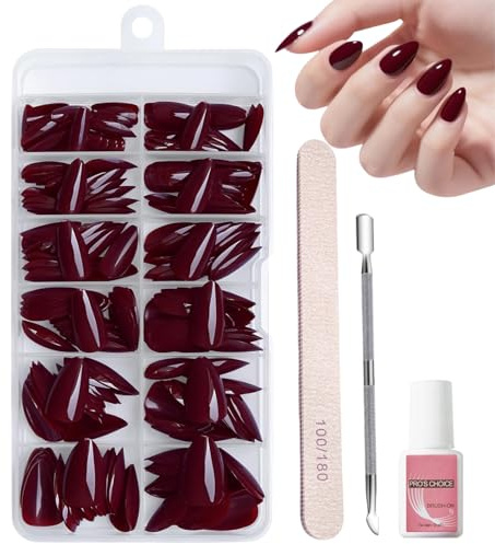 240 PCS Almond Burgundy Press on Nails - Medium False Nails with Nail File & Pusher - Dark Red French Tip False Nails - Acrylic Nails Full Cover Artificial Fingernails for Women Beginners DIY Manicure