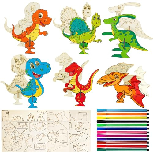 24PCS Bastelset Kinder ab 4 5 6 7 8 9 10 11 12 Jahre, Kindergeburtstag Basteln (3D Holz Puzzle), Dino Holz Basteln, Dino Geburtstag Deko, Bastelsets für Kinder, 3D-Puzzle-Sets für 4-12-jährige