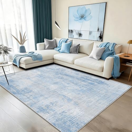 WUTONG Blau Waschbarer Teppich Wohnzimmer 160X200CM,Teppich Schlafzimmer | Abstrakt Kurzflor,Vintage Teppiche Rutschfest Weiche für Kinderzimmer,Esszimmer,Büro OEKO-TEX