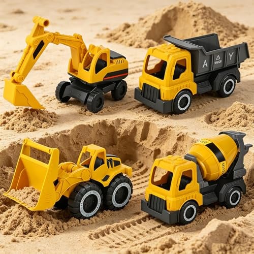 FUFRE Sandspielzeug Bagger, 4 Stück Bagger Sandkasten Set, Wiederverwendbar Sandkasten Spielzeug Betonmischer Spielzeug, Reibungsgetriebene Baustellenfahrzeuge Aus Kunststoff Für Jungen & Mädchen (A)