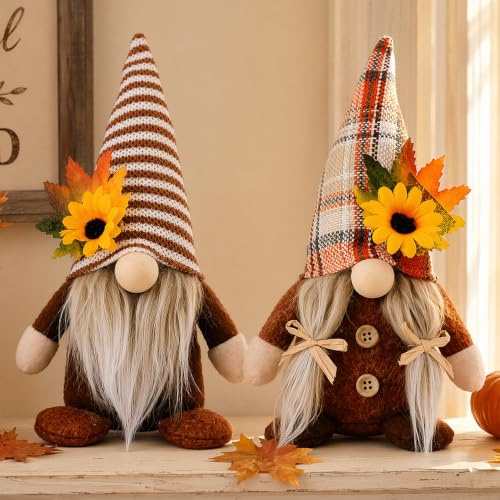 XEERUN 2 Stück Herbstdeko Wichtel, Herbst Dekoration Wichtel Figuren mit Ahornblatt Sonnenblume, Herbst Deko Plüsch Elfe Puppen für Home Erntedankfest Wohnzimmer Herbstdeko Innen Baum Tisch (A)