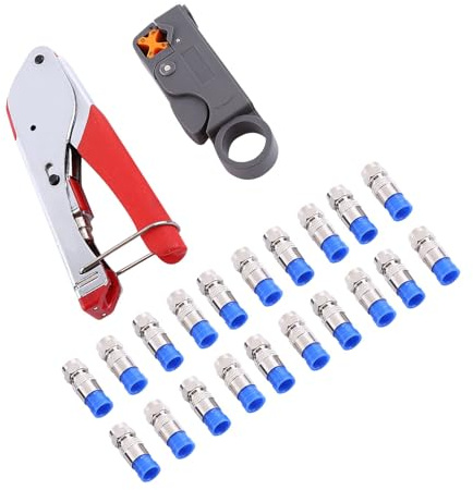OVAQUIXI Coax Crimper Kit, Tool Steel RG6 RG59 Compression Tool Set with Wire Stripper and 20 F Connectors, Adjustable Coaxial Cable Crimping for TV Internet Repair