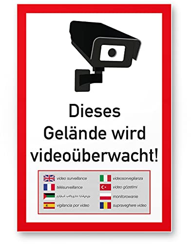 Komma Security Gelände Videoüberwacht mehrsprachig Schild 20 x 30 cm - Achtung Vorsicht Videoüberwachung - Hinweis Hinweisschild Videoüberwacht - Warnschild Warnhinweis Videoüberwachung