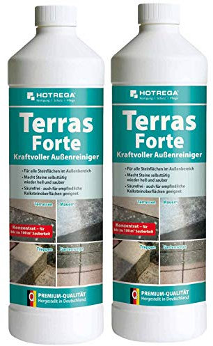 HOTREGA Terras Forte Steinreiniger Außenbereich 2x 1 Liter | Terrassenreiniger Konzentrat | selbsttätig, materialschonend, säurefrei