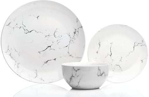 Sabichi Marbre Service de table 12 pièces en porcelaine gris et blanc – Passe au micro-ondes et au lave-vaisselle – 4 assiettes plates, 4 assiettes à dessert, 4 bols à soupe
