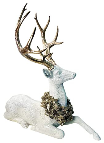 itsisa Liegender Hirsch mit großem Geweih und Lorbeerkranz, Deko Figur, Weihnachtsdeko, Schaufenster Deko