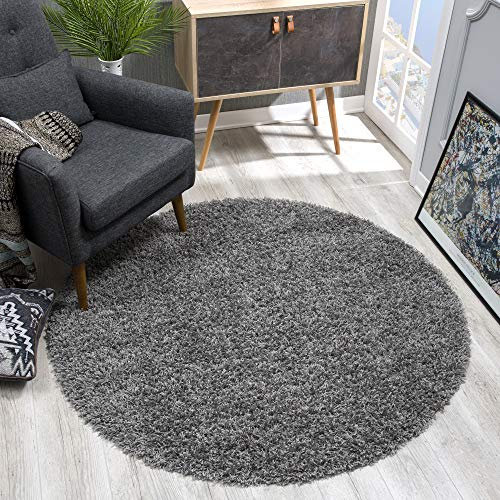 SANAT Teppich Rund - Grau Hochflor, Langflor Modern Teppiche fürs Wohnzimmer, Schlafzimmer, Esszimmer oder Kinderzimmer, Größe: 80x80 cm