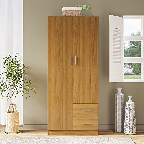 Panana 2 Door Double Wardrobe + 2 Drawers Bedroom Storage Furniture Cupboard UK (Oak)