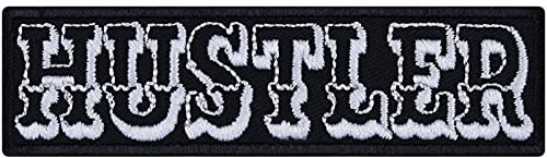 HUSTLER | Aufnäher mit Stickerei Emblem | Hustler Rocker Patch Bügelbilder Sticker Applikation mit Klebefläche zum annähen/aufbügeln | 90x25mm