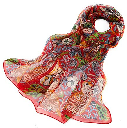 Signare Women's 100% Silk Lightweight and soft Scarf/Headwear with William Morris Design (Strawberry Thief Red)