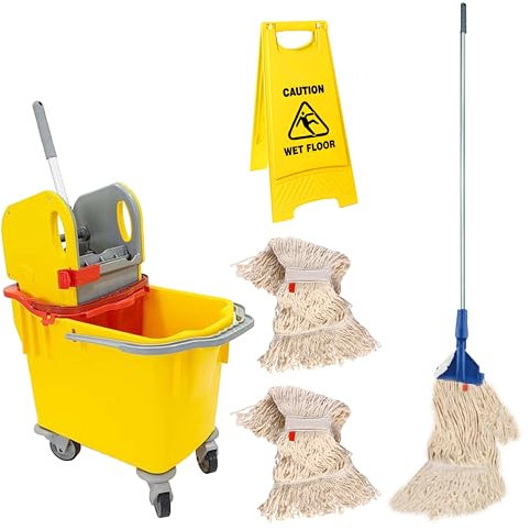 Bayersan Mop Bucket & Water Wringer Floor Cleaning Kit | Kentucky Mopping Bucket | Mop With Long Handle | 2 Mop Heads | Wet Floor Safety Sign (Yellow)