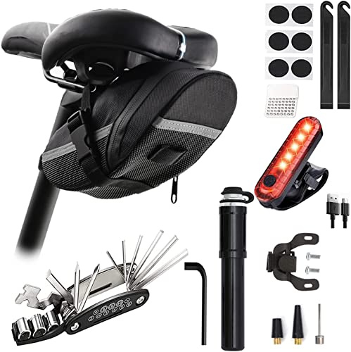 AaiLucky Bike Repair Tool Kit with Mini Bicycle Pump, Bicycle Saddle Bag with Tail Light, 16-in-1 Bike Multi Tool, Bicycle Tire Repair Kit for Road MTB Bikes, Bike Emergency Repair Kit