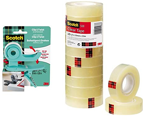 Scotch Distributeur pour Ruban Adhésif C & T, Gris, 1 Rouleau Inclus, 19 x 9,8 m & Ruban Transparent 508 - 10 Rouleaux, 15mm x 33m - Usage Général