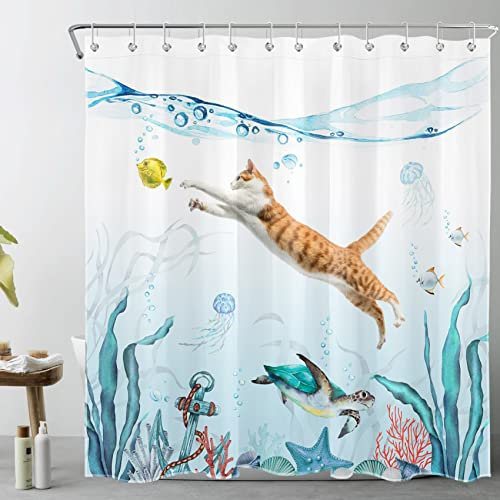 LB Sea Turtle Shower Curtain Cat Catch Fish Shower Curtains for Bathroom Anchor under Blue Sea Polyester Anti Mould Waterproof Bath Curtain Set with Hooks,71x71 inches