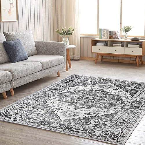 ABWXN Vintage Teppich 90x150 cm Waschbarer Teppiche, Kurzflor rutschfest Orientalischer Teppich für Wohnzimmer, Schlafzimmer - Grau