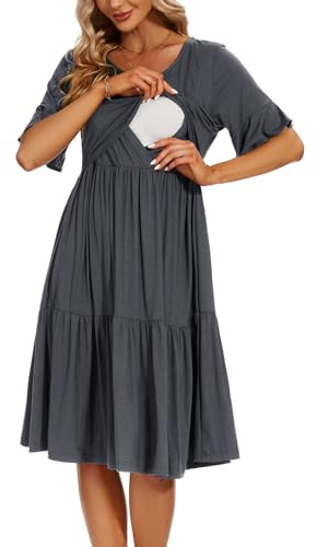 Smallshow Women's Maternity Nursing Dress Ruffle Short Sleeve Breastfeeding Clothes, Dark Grey, M