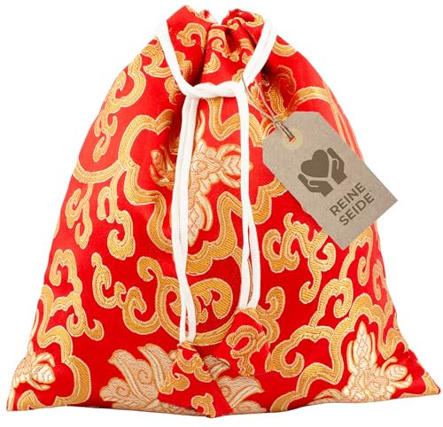 Avanda pouch/bag for singing bowls up to Ø 15 cm (6 in), pure silk from Nepal, practical drawstring, traditional handicraft, red-gold