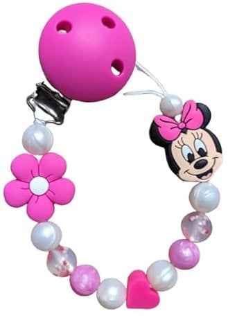 Attache tétine style Minnie fleur fuchsia coeur