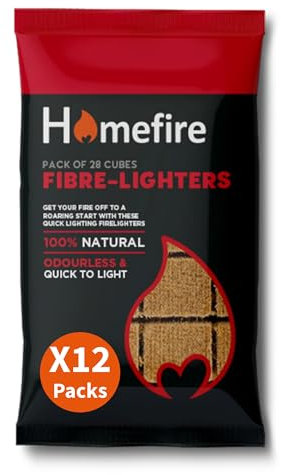 Homefire Natural Odourless Firelighters for Wood Burners, Open Fires, Multi-fuel Stoves, BBQ’s and Campfires, (12 Packs of 28 Firelighters)