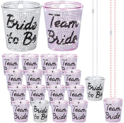 Ferreve 16 Pcs Bride Shot Glass Necklace Bachelorette Party Shot Glass Bead Necklace Rhinestone Shot Cups Bride 2 oz Glitter Diamond Cup for Wedding Gift Decorations
