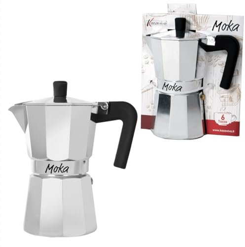 Kasaviva MOKA, Caffettiera per Caffè Espresso, con Manico Anti Scottatura, in Alluminio (6 Tazze)