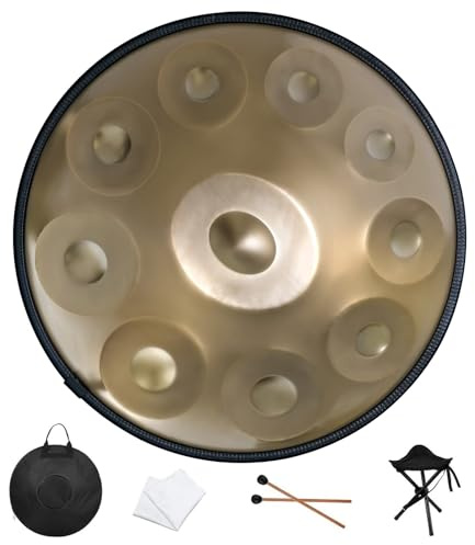 Handpan Drum 22 Inches D Minor Kurd, 432Hz 10 Notes Hand Drum Instrument, Premium Steel Drum, Handpan Instrument for Adults (Gold)