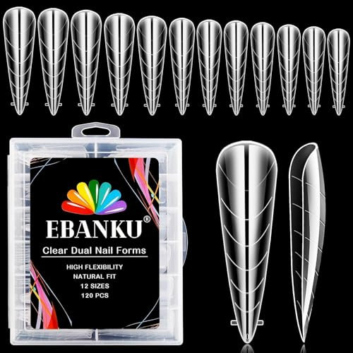 EBANKU 120PCS Clear Dual Nail Forms System Long Stiletto Nail Mold Tips Acrylic Nail Extension Tools for Nail Art Salon Nails Design