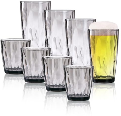 TIE-DailyNec 8 PCS Wassergläser Set, 470ml und 310ml Bunte Trinkgläser aus Kunststoff, Unzerbrechliche Drinking Glass, Stapelbar Camping Gläser für Picknicks, Partys (Grau)