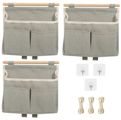 Oiieco 3 sacchetti da parete in tessuto, pieghevoli, in lino, con 3 ganci adesivi, da appendere a parete, per cucina, bagno, ufficio, camper (grigio)