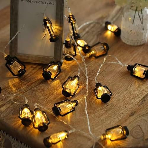 DINOWIN LED Laterne Lichterkette Retro Innen 9.85FT 20LED Kerosin Lampen Hängende Ramadan Lichterkette Batterie für Ramadan Bistro Garten Balkon Party