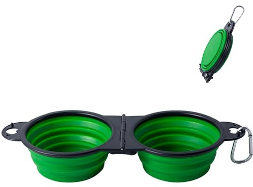 SLSON Collapsible Dog Bowls Foldable Dog Dual Bowl Travel Water and Food Bowls,Sturdy Reinforced Rim Portable Pet Feeder Cat Bowl for Walking Hiking Outdoors (green)