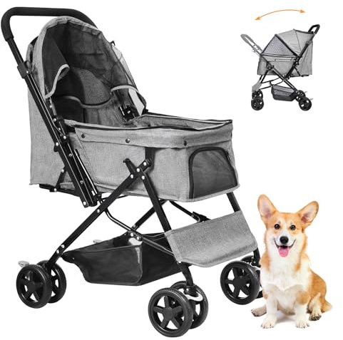 Joyfultails Hundewagen Hundebuggy bis 20kg, Klappbarer Hund Reise Kinderwagen mit 4 Wheels Pet Stroller mit verstellbarem Griff & Regenschutzabdeckung, Grau