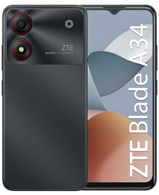 ZTE Blade A34 Grey - Smartphone 6.6 HD+, Fotocamera 8MP, Batteria 5000mAh, 4 GB RAM e 64GB ROM, Octa-Core, Android 13, Riconoscimento Facciale, Display Waterdrop, Memory Fusion
