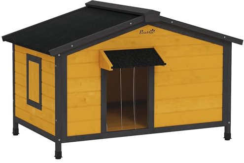 PawHut Outdoor Hundehütte Kleine Hundehütte mit faltbarem Asphaltdach 2 Fenster Tür mit Vorhang und abnehmbarem Boden 97x72x65 cm Naturholz