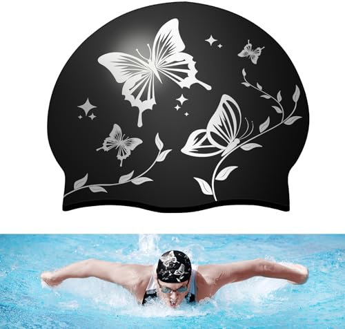 Badekappe Damen und Badekappe Herren, wasserdichte Silikon Badekappe, Badekappe Mädchen Lange Haare, Erwachsenen Schwimmkappe mit Ohrschutz, Weiche, Elastisch, rutschfest, Modisch, Bequem, mit Muster