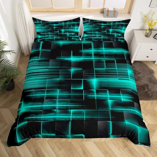 Loussiesd Geometrische Würfel Bettwäsche 135x200cm Teelblau Schwarze Moderne Geometrie Abstrakte Bettbezug Streifen Linien Block Bettbezug Jungen Mädchen Raum Dekor Mikrofaser