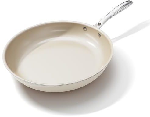 OUBRL Ceramic Nonstick Frying Pans Set, Fry Pan Skillet, Non Toxic Pans for Cooking, Egg Pans,Induction Suitable,PFAS-Free Cookware, Dishwasher Safe, Oven Safe (Cream/White, 28CM)
