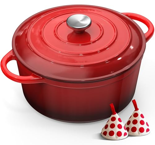 Cast Iron Dutch Oven - 26CM 5L Casserole Dish with Lid Enamelled Round Pot