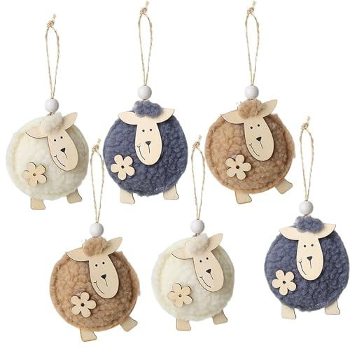 HERZWILD 6pcs Ostern Schafe Anhänger aus Holz Schafe zum Aufhängen Osterdeko Schäfchen Deko (braun weiß grau)
