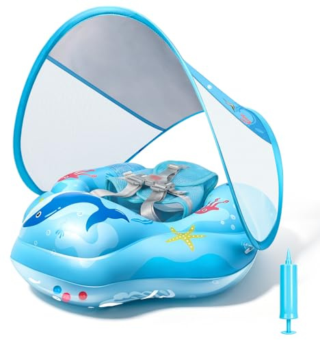 IEEILULU Salvagente Neonato, Ciambella Neonato Mare con Parasole Olare Rimovibile UPF50+, Salvagente Bambino con Adesivo di Riparazione per Piscina, Spiaggia, Vacanze da 6 a 36 Mesi (Blu)