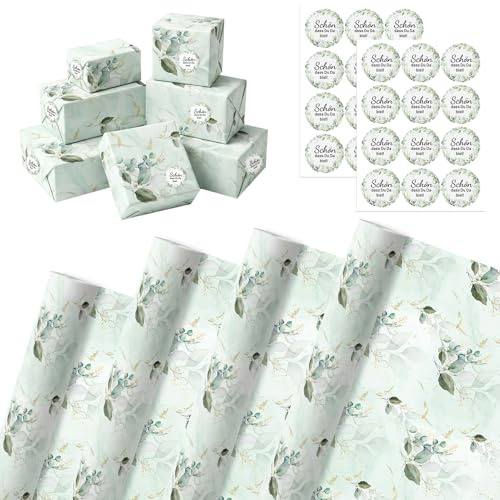 4 Blatt Eukalyptus Design Geschenkpapier Set mit 24 Aufkleber, 70x50cm Gift Wrapping Paper, Geschenkverpackung für Kommunion, Geburtstag, Hochzeit, Konfirmation, Basteln & Party Deko | Gift Wrapping Paper, Geschenkverpackung für Kommunion, Geburtstag, Hochzeit, Konfirmation, Basteln & Party Deko