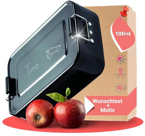 Personalisierte Brotdose mit Name aus Aluminium – BPA-freie Brotbox mit Gravur für Kindergarten, Schule & Ausflüge (17x12x5 cm | Schwarz Rennwagen)