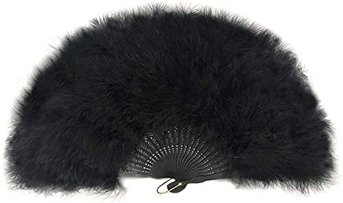 FANSOF.FANS Marabu Feder Hand Fan 45cm, Kostüm Hochzeit Party gefallen Geschenk im Freien Vintage Dance Photoshoot (schwarzer Fan, Schwarze Rippen)